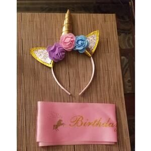 New Girls Pink birthday sash and Unicorn head band set